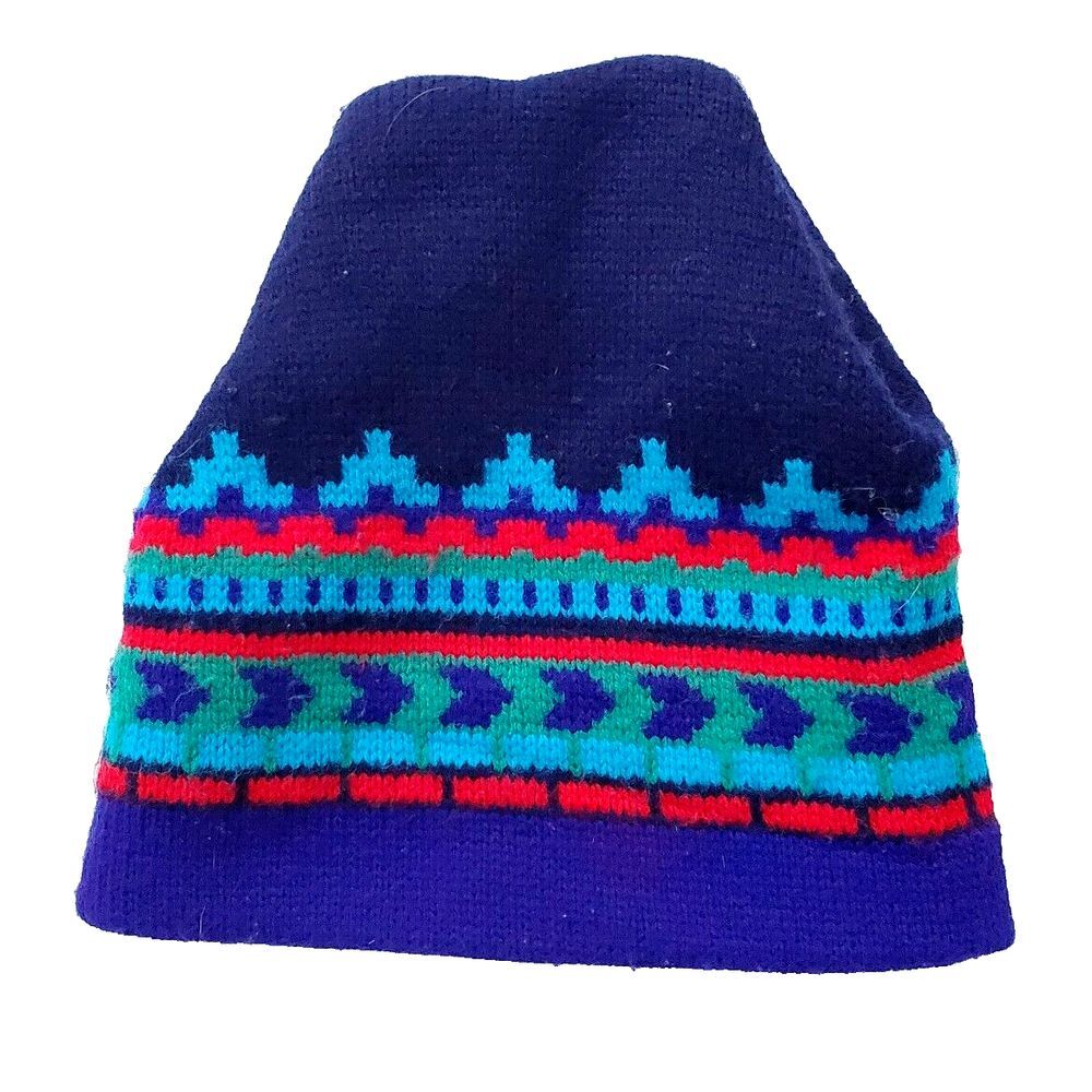 Vintage Unisex Colorful Color Block 90s Thick Acrylic Beanie Hat USA Made Cap